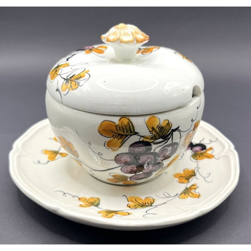 Vtg Italian Apple Shaped Covered Bowl & Saucer Hand Painted Mid-Century